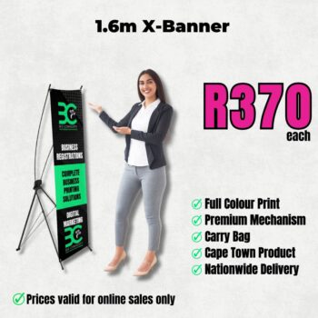 1.6m x-banner stand printed in full colour with premium mechanism and carry bag for indoor displays in Cape Town