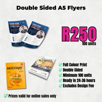 Double-sided A5 flyers printed in full colour 100 units for promotions and menus in Cape Town
