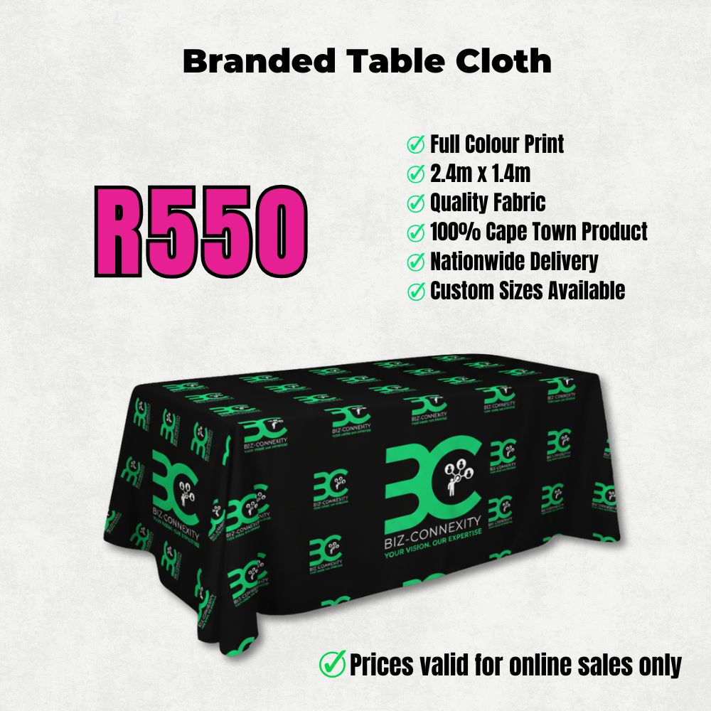 Custom branded table cloth printed in full colour 2.4m x 1.4m for market stalls and exhibitions in Cape Town
