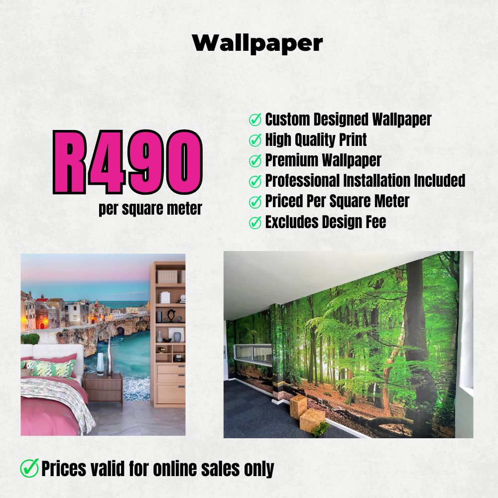 Custom wallpaper printing and professional installation for feature walls and retail interiors in Cape Town