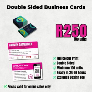 Double-sided business cards printed in full colour 100 units with professional finish for Cape Town businesses