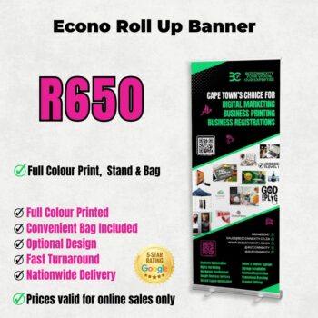 Econo roll up banner printed in full colour with stand and carry bag for business marketing in Cape Town, Western Cape
