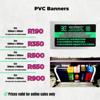 PVC banner printing in full colour with free eyelets for outdoor signage and storefront promotions in Cape Town