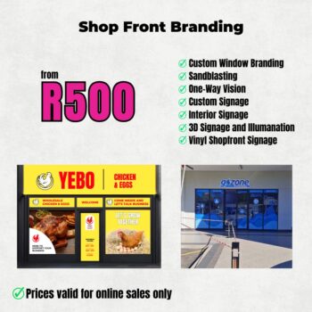Shop front branding and window signage with one-way vision and vinyl signage solutions for Cape Town retail stores