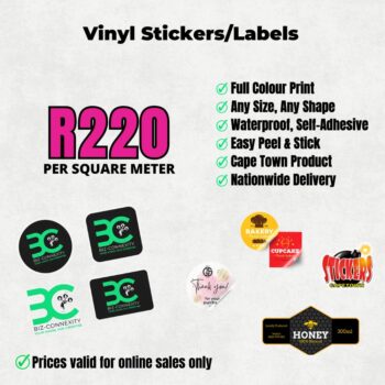 Vinyl stickers and labels printed waterproof and self-adhesive for product packaging and branding in Cape Town